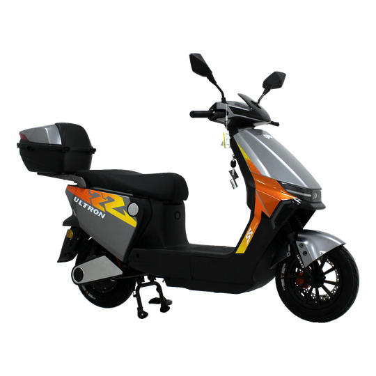 GIO Ultron eScooter with a 500W motor, 20 mph speed, 35 miles range, and sleek design. Features include hydraulic disc brakes and digital LCD display.